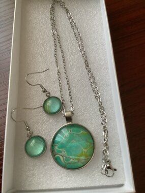 Handmade fluid art Turquoise & Green Necklace & Earrings Set by B. Almeida